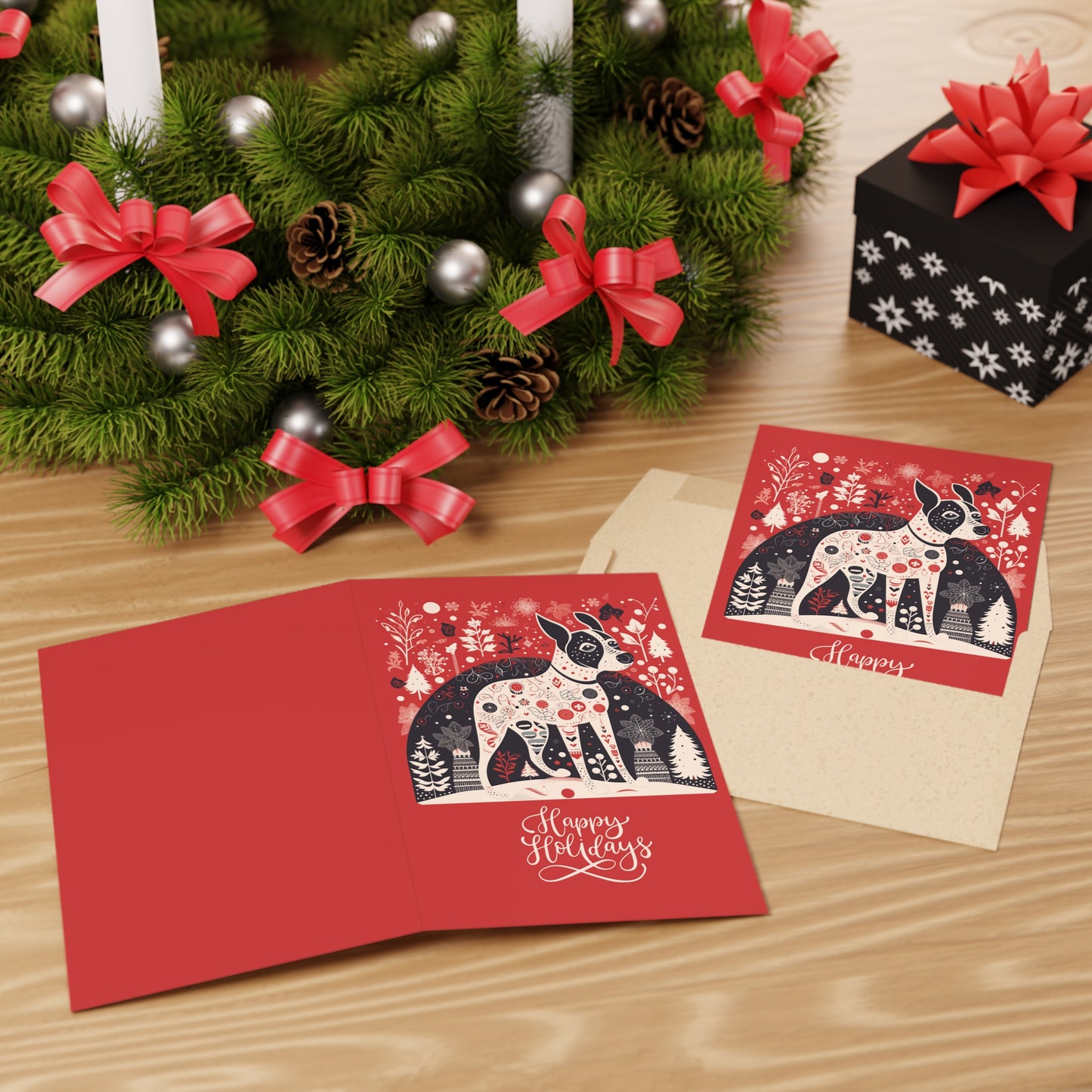 Boston Terrier Folk Christmas Card